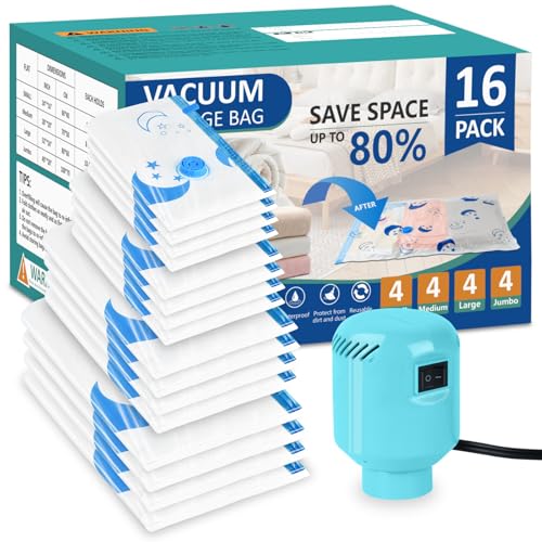 SZO Vacuum Storage Bags for Clothes with Electric Pump, 16-Pack(4 Jumbo, 4 Large, 4 Medium, 4 Small), Vacuum Bags for Duvets, Mattresses, Blankets,