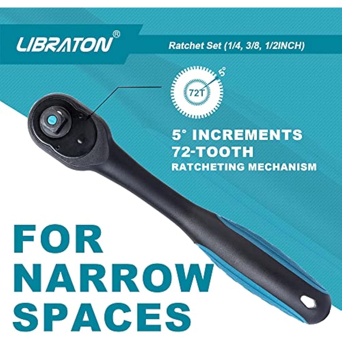 LIBRATON Ratchet Handle, 3 PCS 1/4", 3/8", 1/2" Heavy Duty Drive Ratchet Socket Wrench with Quick-Release Head, 72 Teeth, Reversible Design, Comfort Grip for Car Repair, EVA Organizer