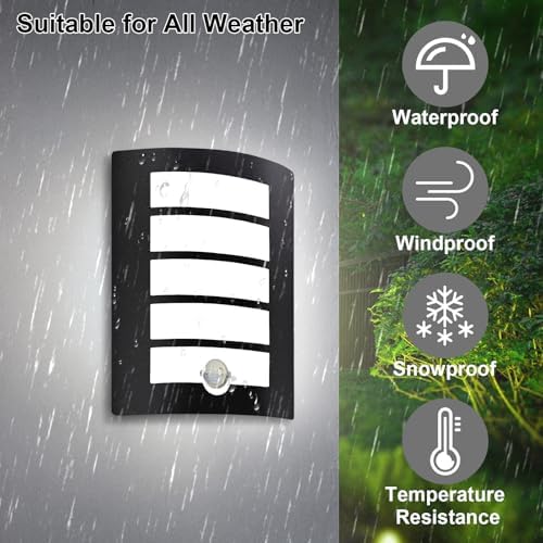 Wondlumi Outdoor Wall Lights Mains Powered PIR Motion Sensor Outside Wall Light Black IP44 Waterproof for Front Door, Porch, Incl. 12W E27 Bulbs Cool White 6000K