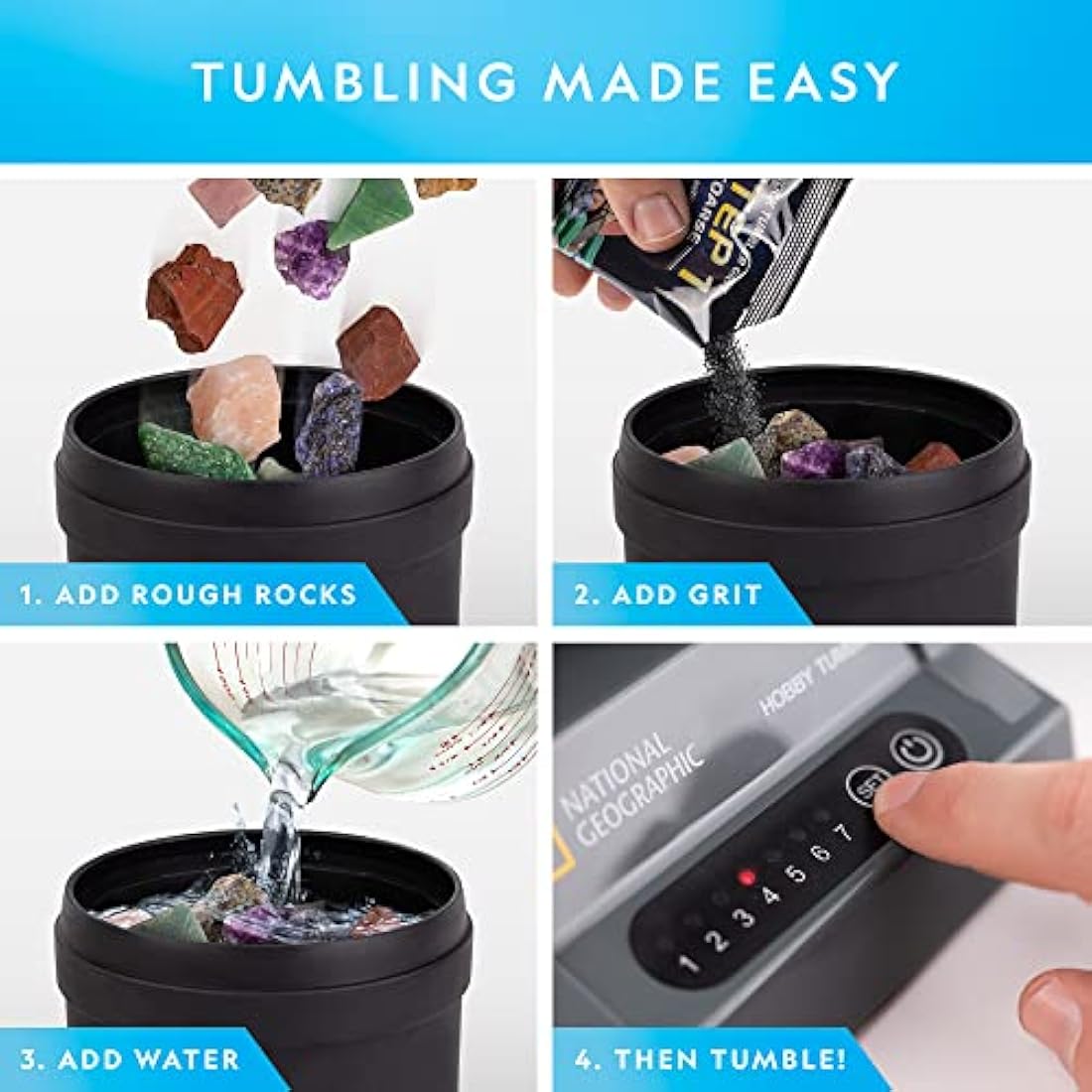 NATIONAL GEOGRAPHIC Hobby Rock Tumbler Kit - Rock Polisher for Kids & Adults, Durable Noise-Reduced Barrel, Rocks, Grit & New GemFoam for a Shiny Finish, Cool Toys, Great STEM Hobby Kit