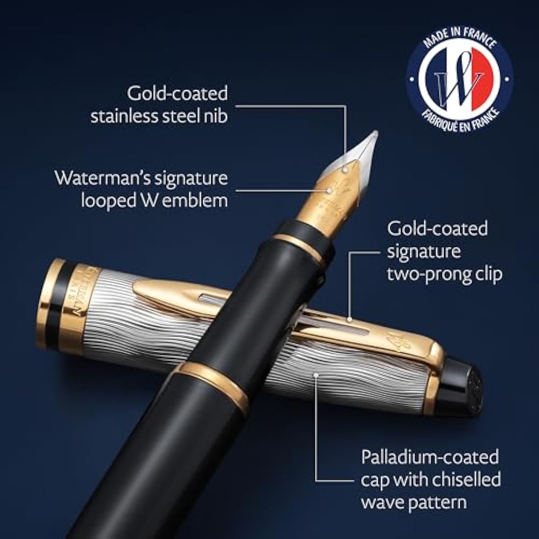 Waterman Expert Fountain Pen | Metal & Black Lacquer with Gold trim & Chiselled cap | Stainless steel Medium Nib | Blue Ink | Gift Box