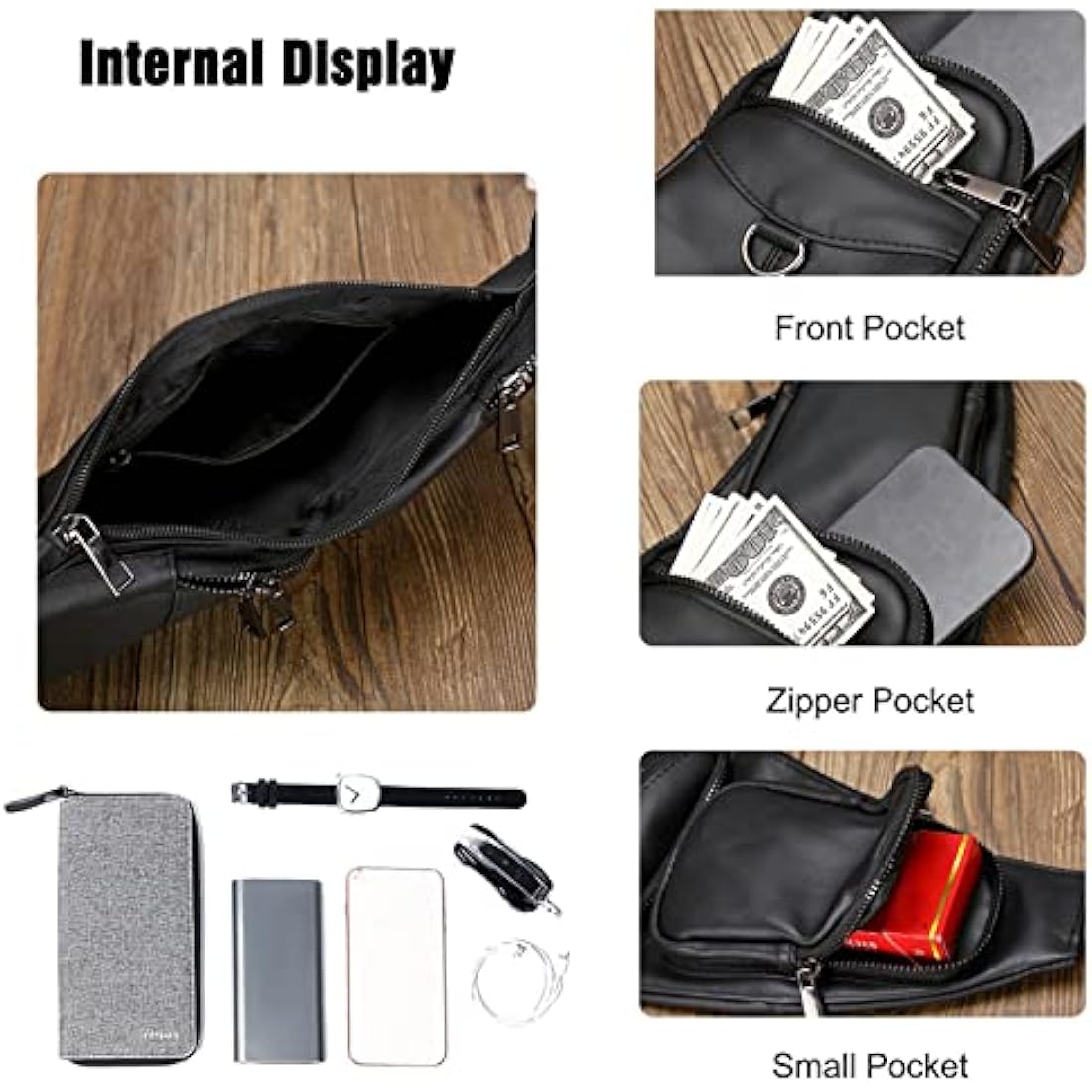 FANDARE Retro Sling Bag - Genuine Leather Chest Crossbody Bag for Business Travel Hiking Bicycle Sport Gym Pack - Black
