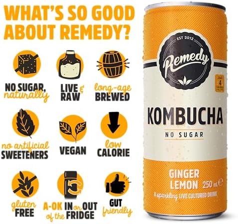 Remedy Raw Kombucha Tea - Sparkling Live Cultured Drink - Sugar Free Ginger Lemon - 250ml Can (24 Pack)