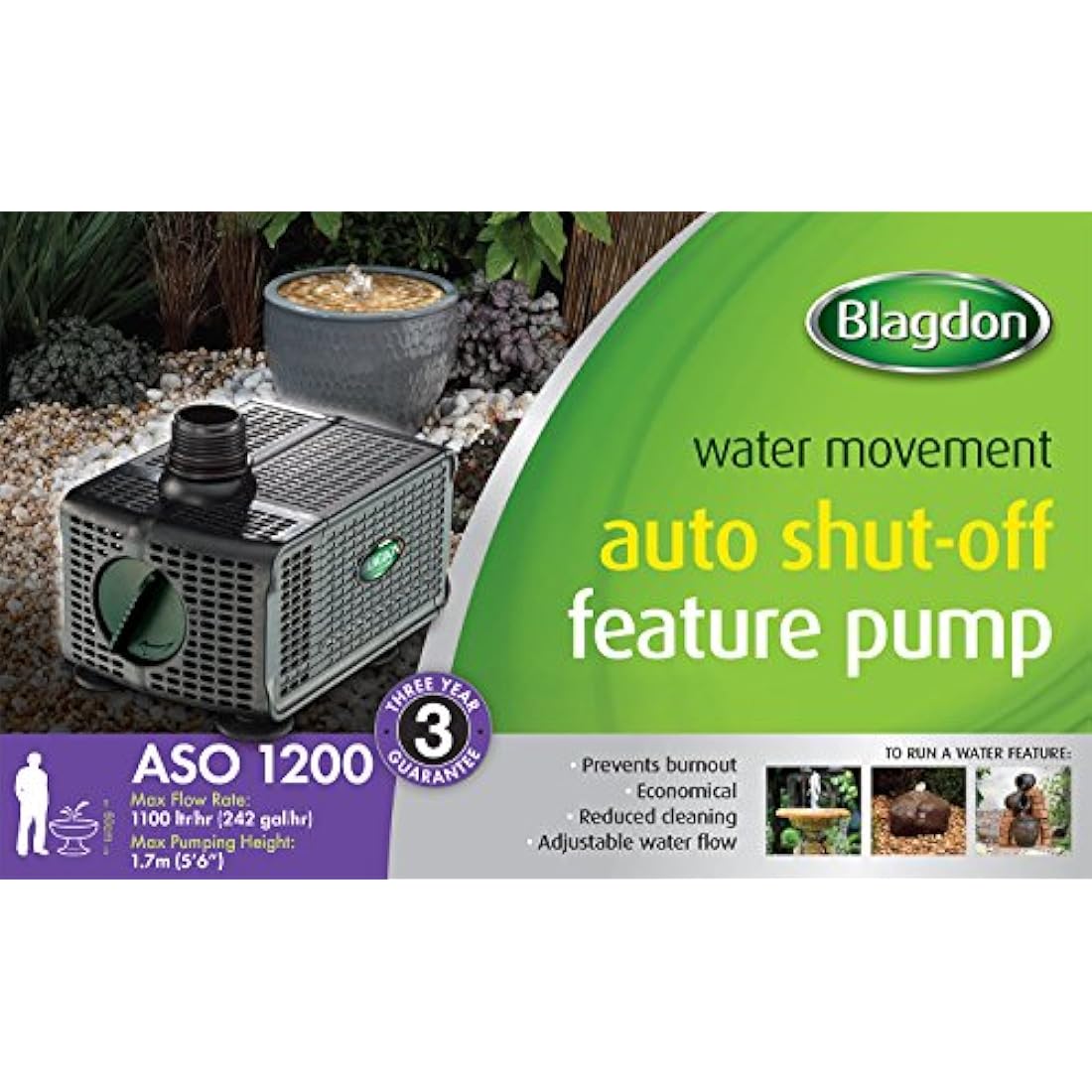 Blagdon Water Feature Pump with Auto Shut Off Sensor Prevents Burnout, Adjustable Flow Control, Reduced Cleaning, 3 Hose Fitting Adaptors, Pumps up to 1200 Litres/Hour, Max Pumping Height 1.7m