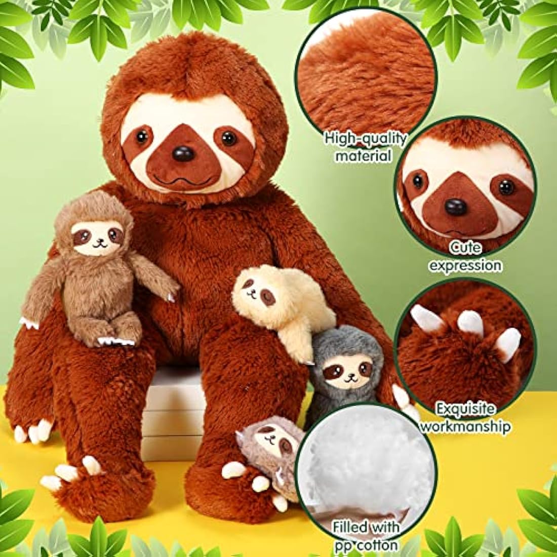 Kasyat 5 Pcs Sloth Plush Toy Set 13 Inch Mommy Sloth Stuffed Animal with 4 Cute Baby Plushies in Zippered Belly for Kids Birthday Gifts Home Decors Baby Shower Party Favors(Brown)