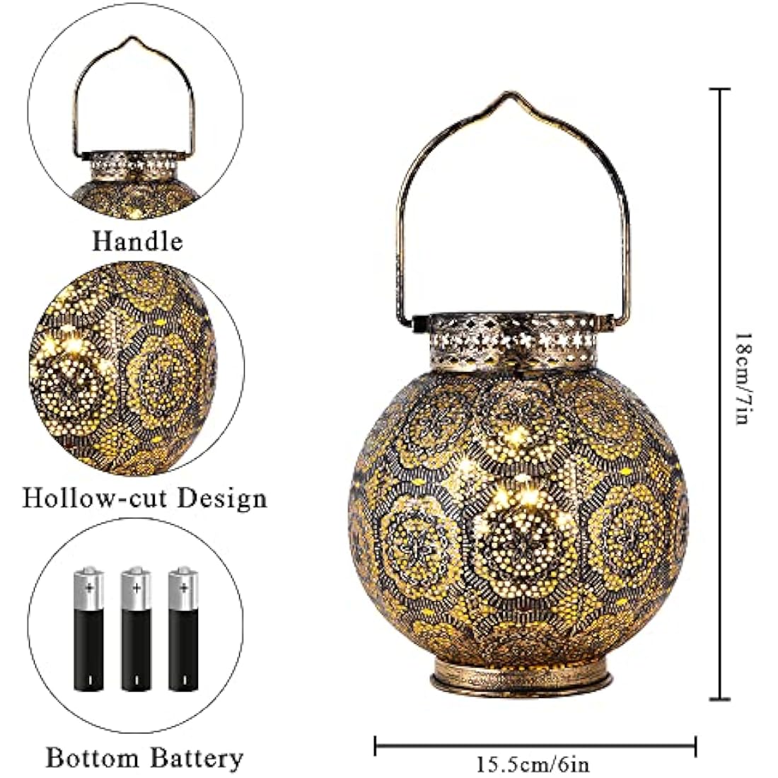 TRIROCKS Set of 2 Moroccan Style Metal Table Lamp 18 cm H Battery Powered Cordless Lanterns with LED Fairy Lights Bulb Perfect for Home Living Room Parties Tabletop Indoors (Brown)