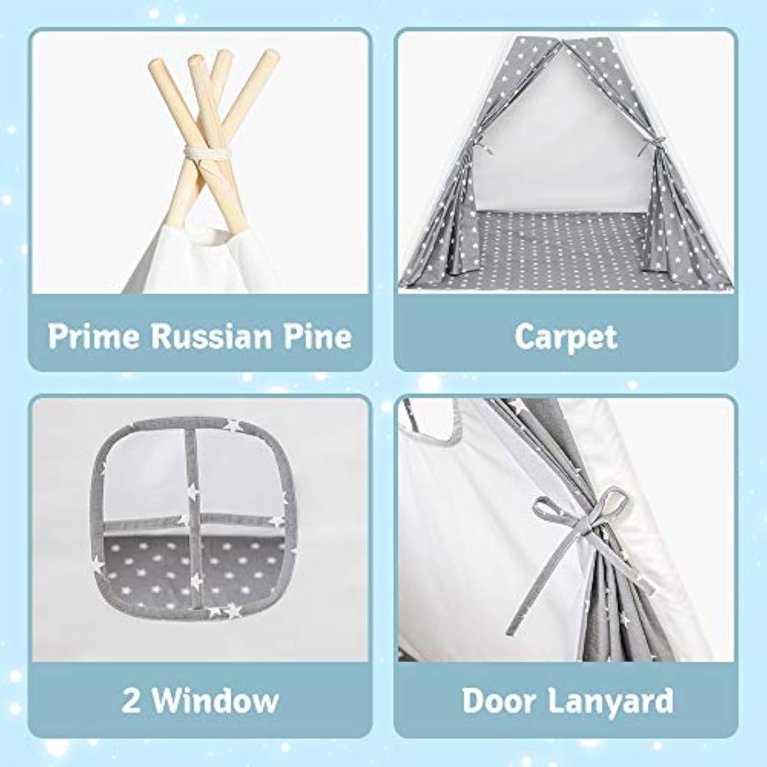 Wilwolfer Teepee Tent for Kids Foldable Children Play Tent for Girl and Boy with Carry Case 4 Poles White Canvas Playhouse Toy for Indoor and Outdoor Games (Grey Teepee Tent)