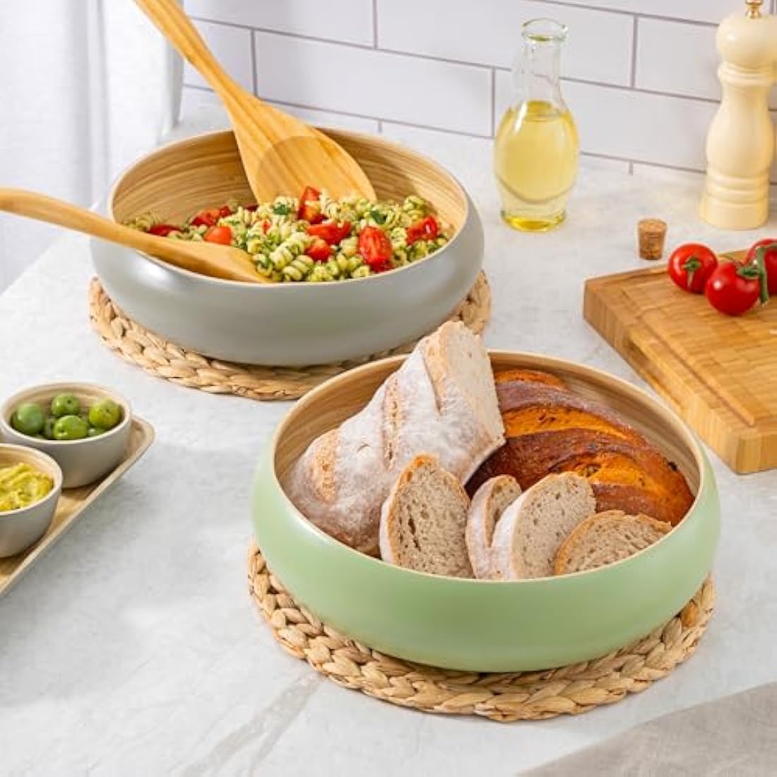 Dehaus® Large Stylish Bamboo Fruit Bowl - 30cm, Grey - Wooden Salad Serving Bowl - Fruit Basket for Kitchen or Bread Basket - Table Centrepiece Decoration - Home & Kitchen Tableware Accessories