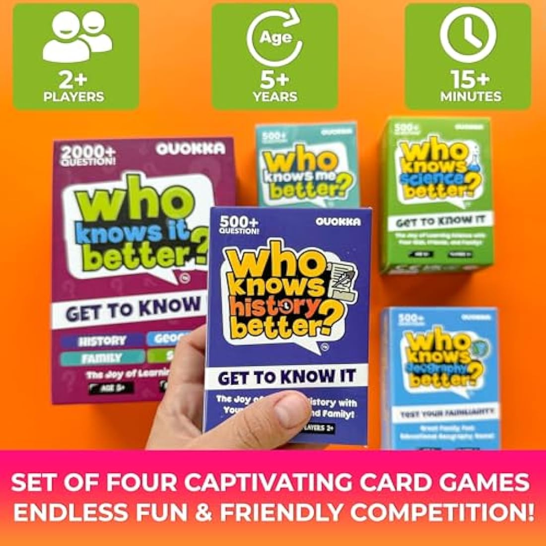 QUOKKA Set 4 in 1 Who Knows Better History & Geography & Science & ME Card Quiz Game - Fun & Educational Questions for Children & Families - Suitable for Boys & Girls Ages 5+
