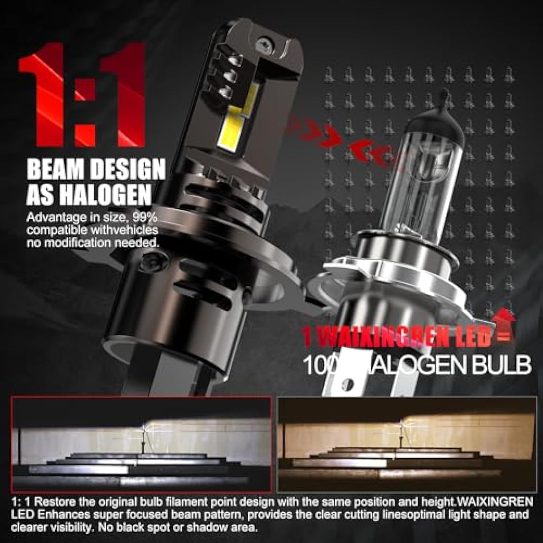 WAIXINGREN H4 Led Headlight Bulbs, 6500K Cool White, 60W 26000LM H4 Headlight Bulbs led with Fan, No Adapter Required, Plug and Play Easy Installation, Pack of 2 (H4/9003/HB2)