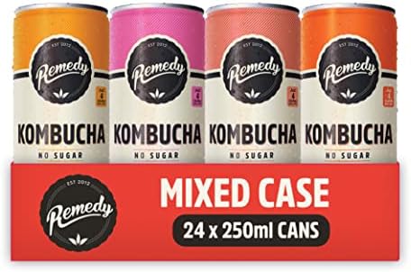 Remedy Kombucha Tea - 4 Flavour Mixed Pack - Sparkling Live Cultured Drink - Naturally Sugar Free Soft Drink - Prime Probiotic Drink for Gut Health - 24 x 250ml