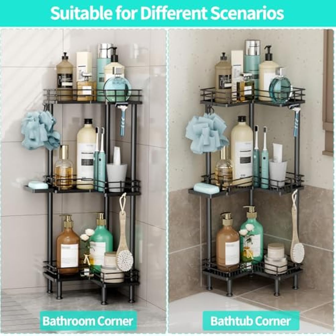 HapiRm Freestanding Shower Caddy Corner - 3 Tier Shower Storage with Soap Holder, Stainless Steel Corner Bathroom Storage with 4 Hooks for Shampoo, Tall Floor Bathroom Caddy Freestanding