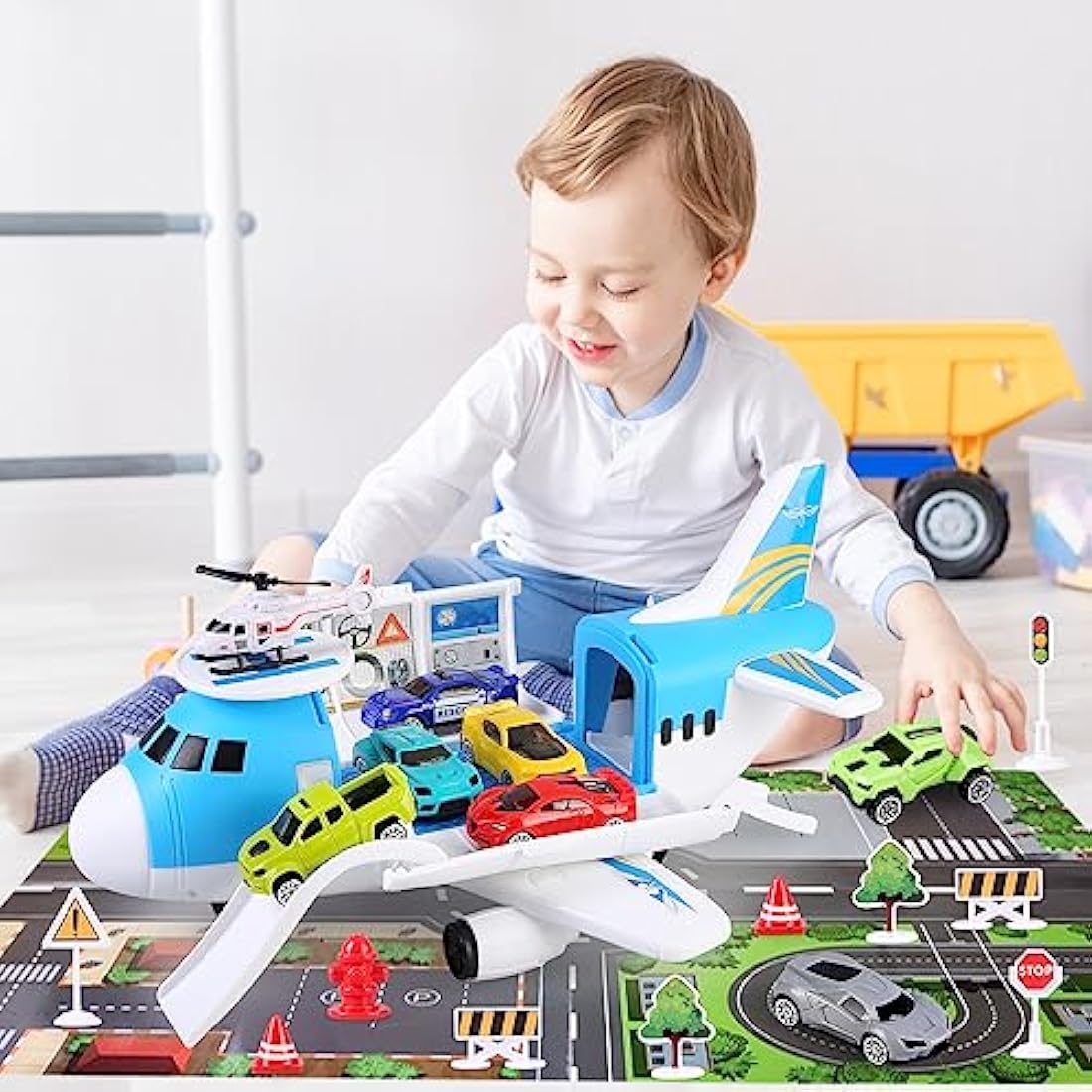 kramow Toys for 3 Year Old Boy, Cars Toy set, Airplane Toys, Transport Aeroplane with Play Mat, 8 Sports Cars, 1 Helicopter, 11 Traffic Signs, Cargo Plane Gifts for Kids Boys Girls age 3 4 5 6