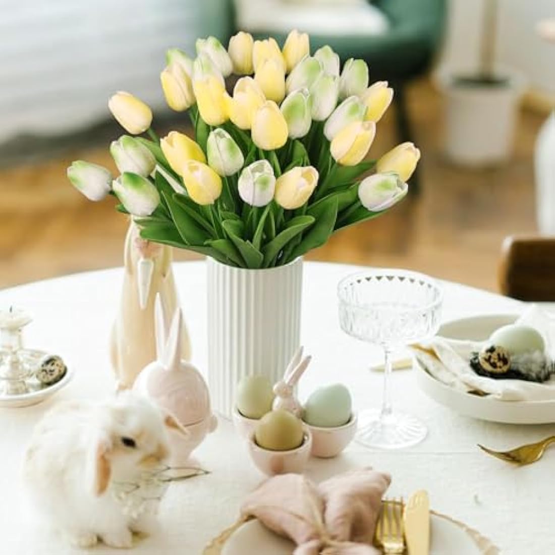 N&T NIETING Artificial Tulips Flowers, 12Pcs Fake Tulip Real Touch Latex Faux Tulips Flowers Bouquet for Wedding Floral Arrangements Mother's Day Home Easte Decoration(Mix Green)