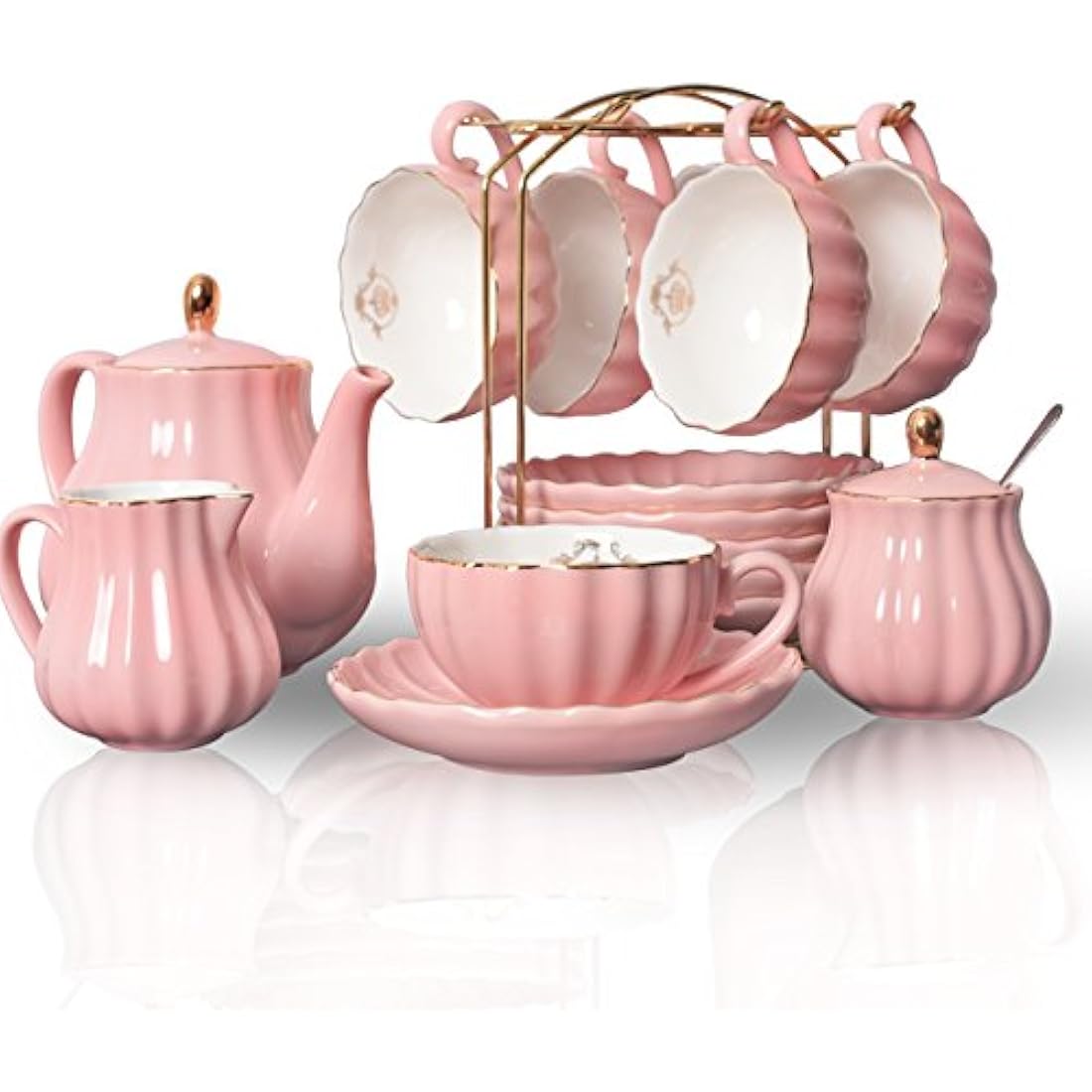Sweejar Home Porcelain Tea Set Royal Family 225 ml to Cups and Saucers with Teapot Milk Ceramic Tea and Coffee Cups (Pink)