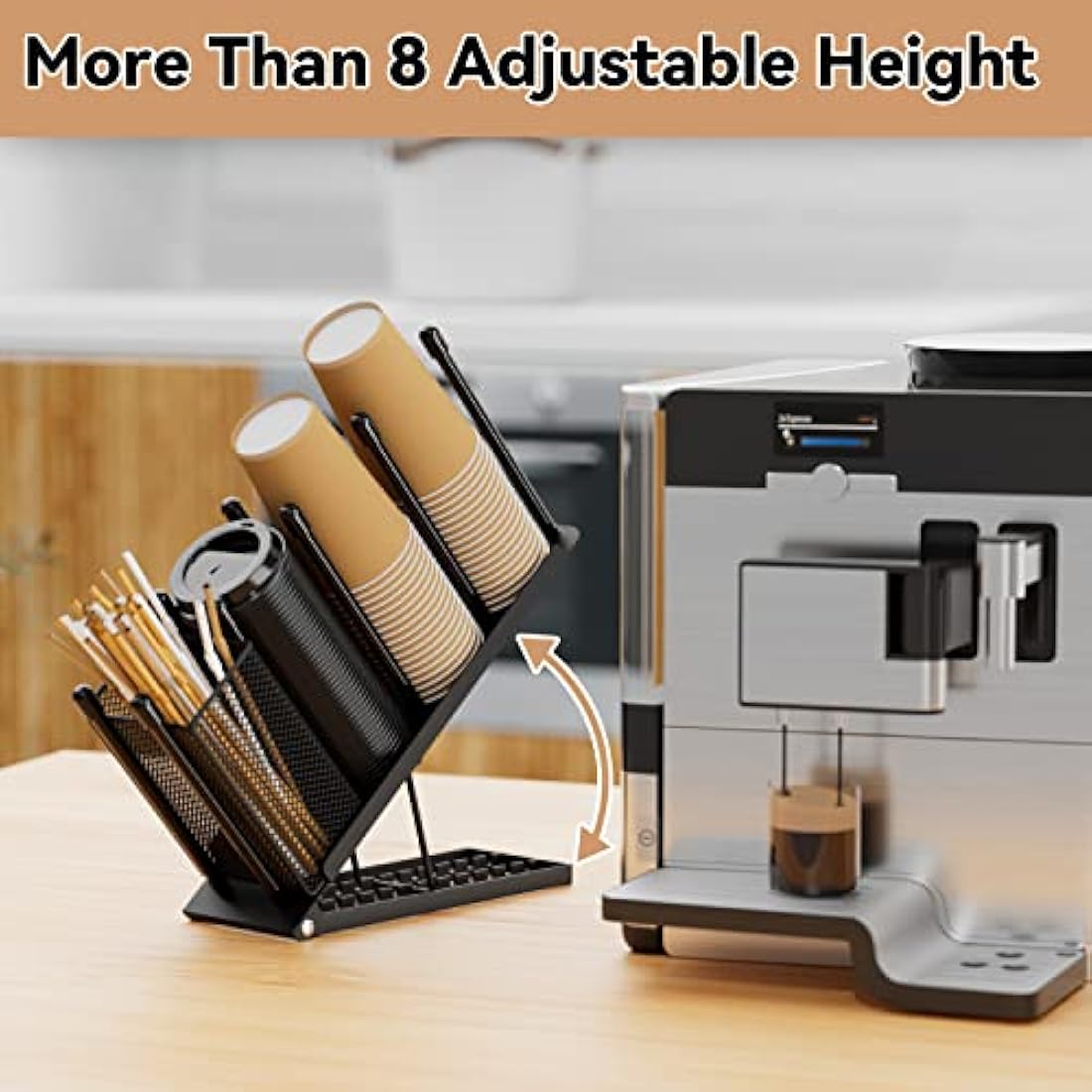 Ovicar Cup and Lid Holder - Adjustable 4 Compartment Disposable Cup Dispenser with Coffee Pod Straw Storage Basket for Bar Countertop Breakroom Metal Black