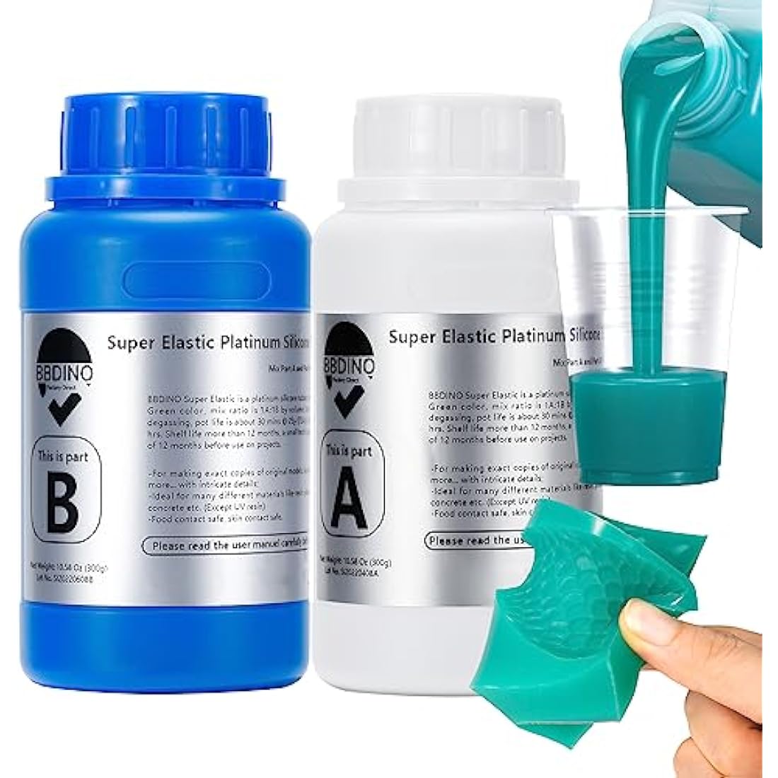 BBDINO Super Elastic Silicone Mould Making Kit, 600g Liquid Platinum Silicone 1:1 Mixing, Ideal for Casting Moulds of Resin | Plaster | Wax etc. Jade Green