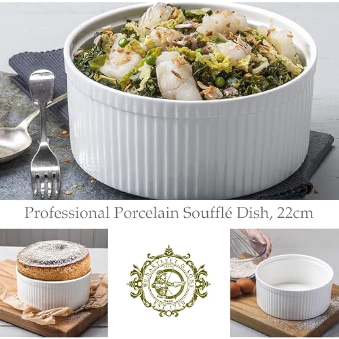 WM Bartleet & Sons 1750 T179 Traditional Porcelain Professional Soufflé Dish, 22cm Diameter, 2.5 LTR Capacity – White