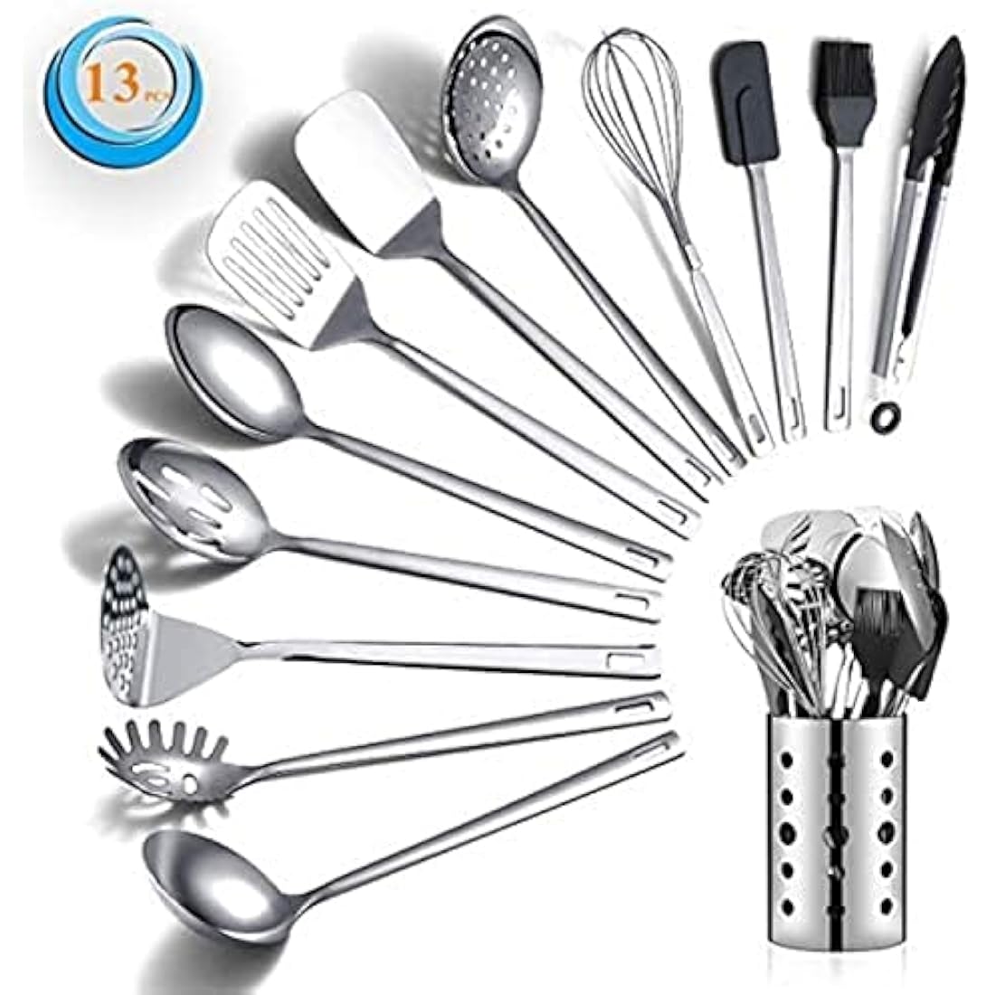 Berglander Stainless Steel Cooking Utensils Set, 13 Pieces Kitchen Utensils Set, Kitchen Tools Set with Utensil Holder Non-Stick and Heat Resistant,Dishwasher Safe, Easy to Clean (13 Packs)