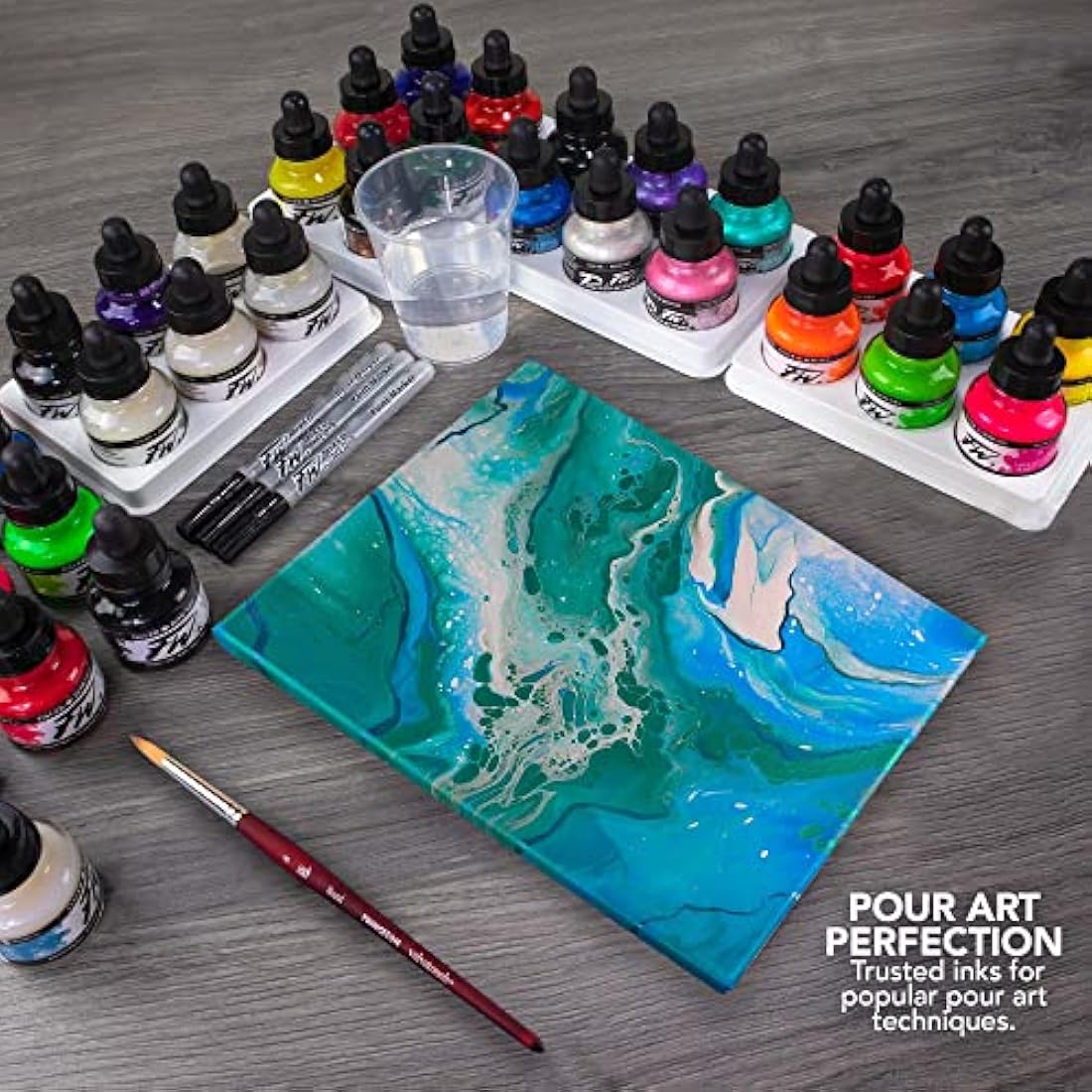Daler-Rowney FW Neon Ink Set, 6 x 29.5ml Bottles & 1 FW Mixed Media Marker, Acrylic Based Ink, Assorted Colours, For Professional Artists & Students