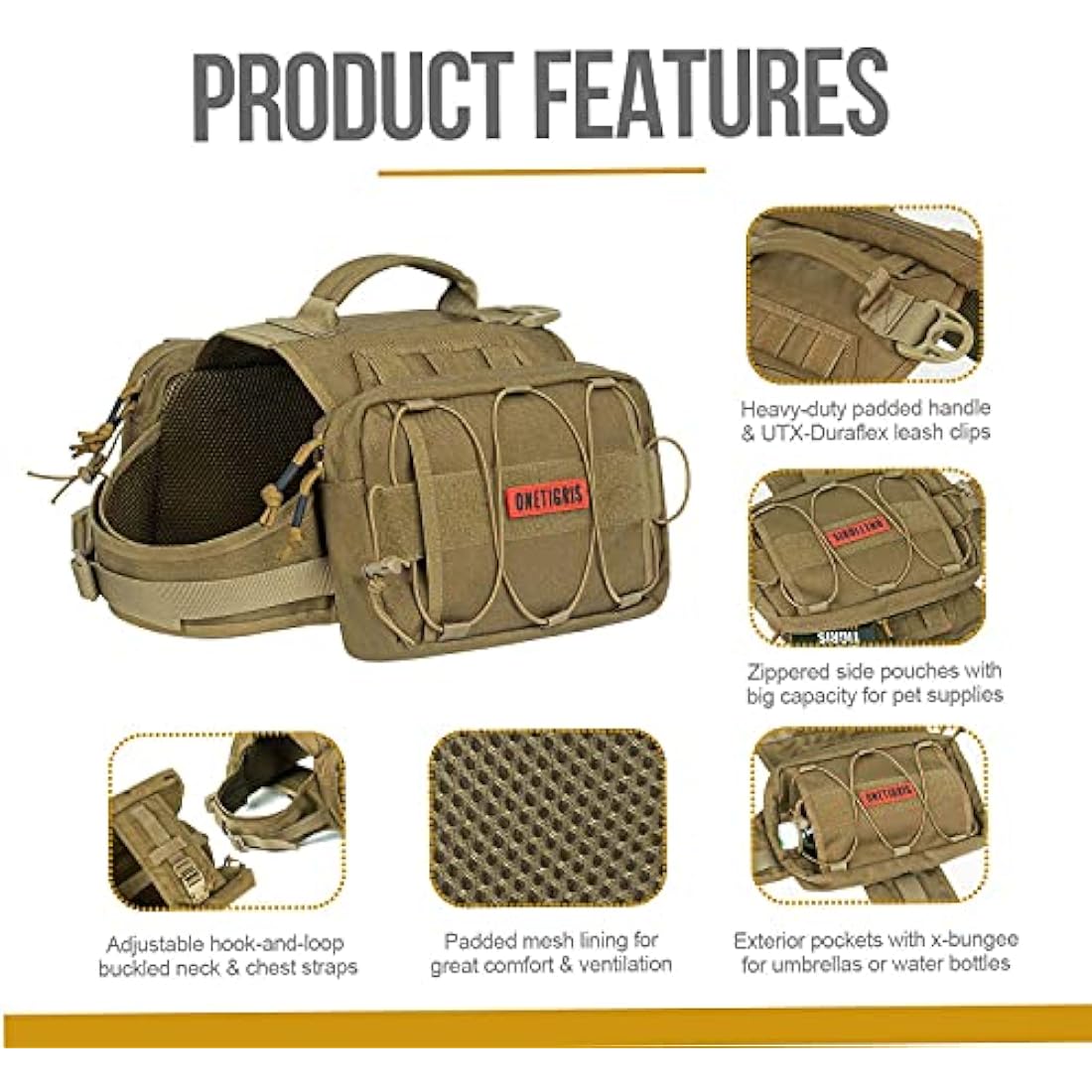 OneTigris Mammoth Dog Backpack 2.0 Version Tear Camping Hiking Dog Backpack for M/L Size Dogs (Brown, M)