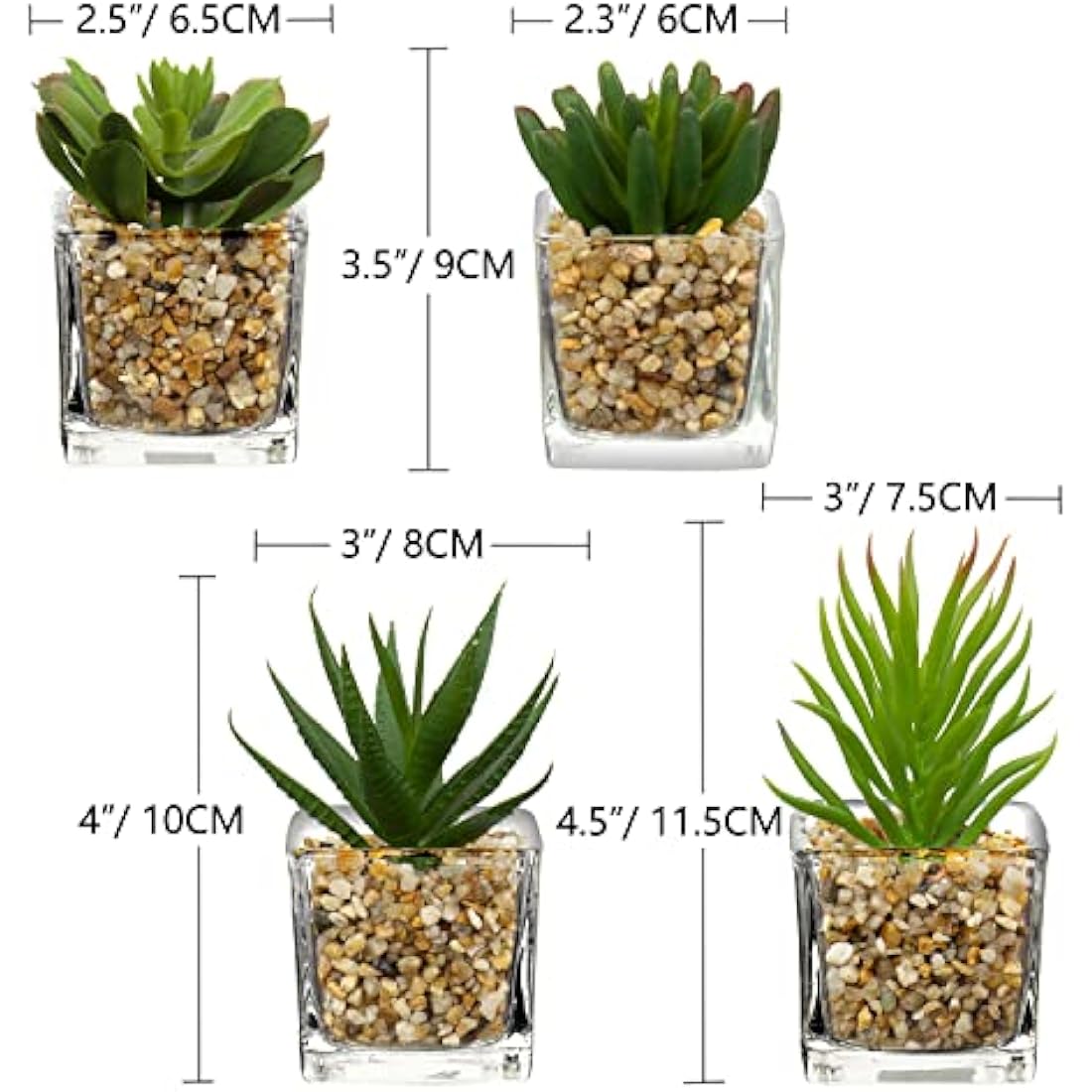 Briful Artificial Succulents Fake Succulent Plants, Set of 4 Small Fake Plants in Square Glass Pots Artificial Indoor Plants for Bathroom Bedroom Kitchen Home Decor