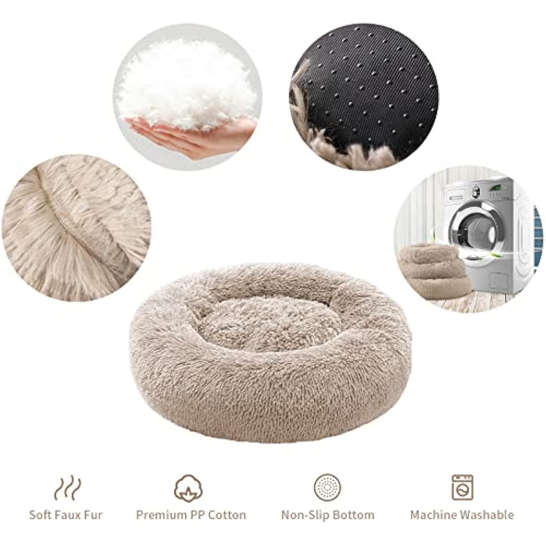 YOJOGEE Small Cat Bed for Indoor Cats, Self-Warming Donut Kitty Bed for Small Cats Keeping Warm, Washable Pet bed with Anti Slip Base, Khaki 40cm
