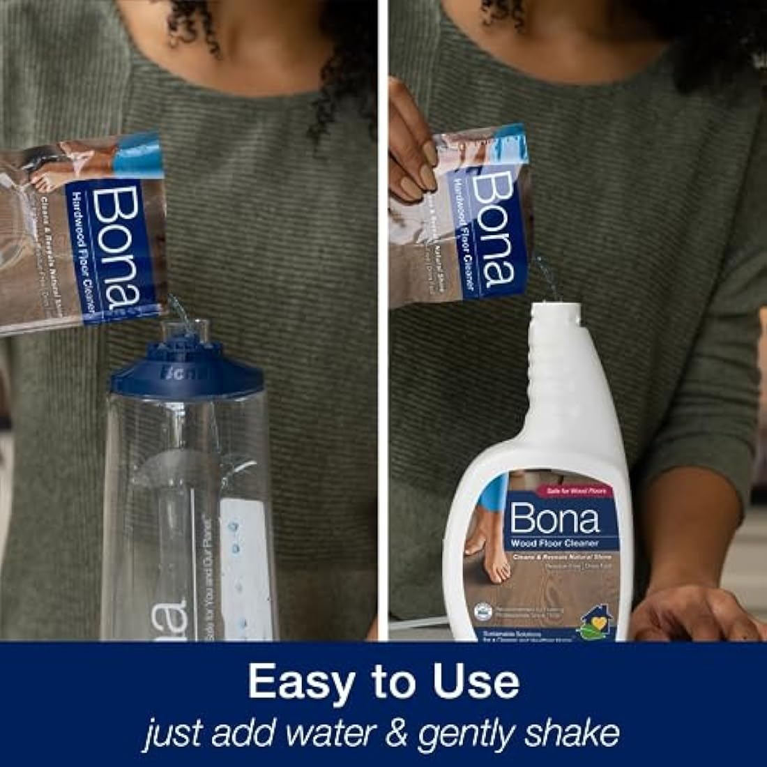 Bona Wood Floor Cleaner Liquid, 60ml Concentrate Refill Pouch, for Varnished or Hard-Waxed Wood Floors, Pack of 4x60ml, 4 Litre Refill