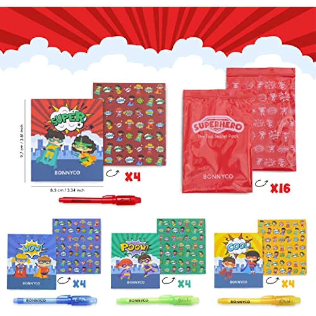 BONNYCO Invisible Ink Pen and Notebook, Pack 16 Superhero Superhero Party Bags Fillers, Pinata Toys | Birthday Decorations | Stocking Fillers for Kids Birthday | School Prizes, Gifts for Children