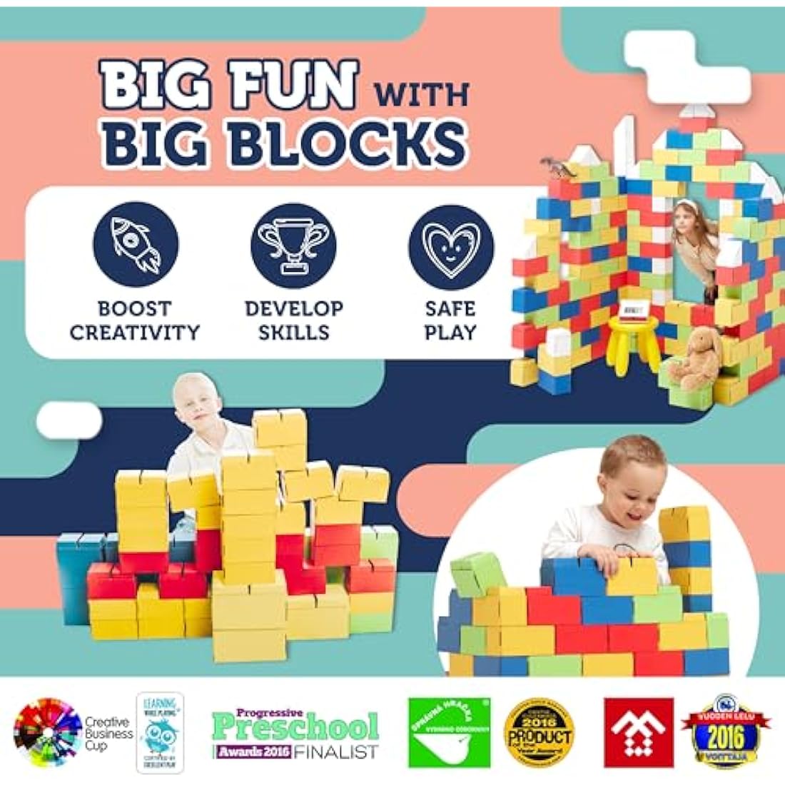 GIGI BLOKS 200 XXL Large Building Blocks for Kids Stackable & Interlocking | Children's Cardboard Building Bricks, Sturdy and Easy to Assemble | Creative Real-Size Kids Construction Toys (Coloured)
