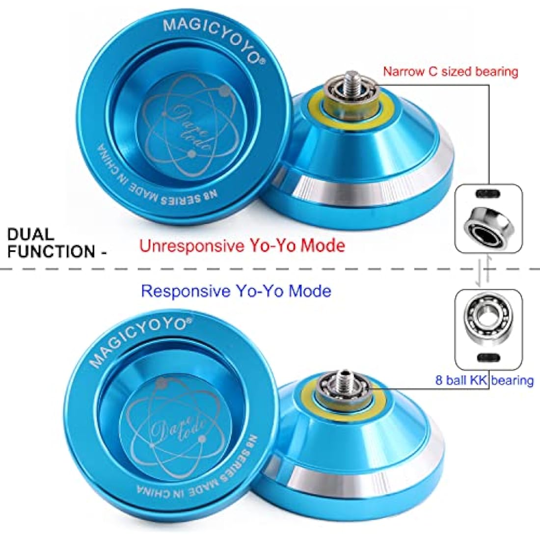 MAGICYOYO N8 Yoyos Pro Responsive Yoyo & Unresponsive Yo-yo for Kids Teens Adults, Beginners to Advanced Yo-yos, Yo Yo Metal with Unresponsive Bearing+12 Yo-Yos Strings+ Remover+ Glove+ Bag, Blue