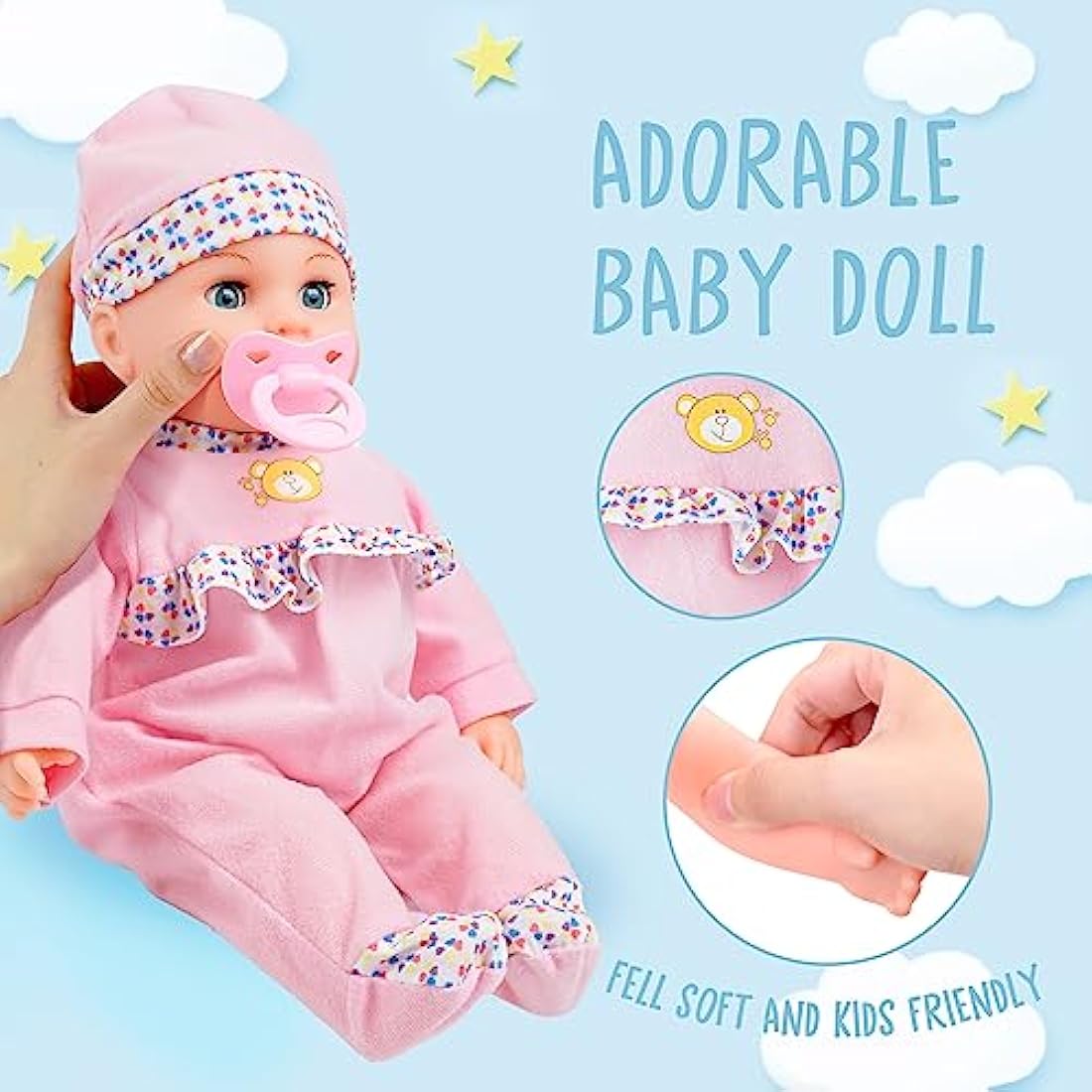 Toy Choi's 16" Baby Doll Pink - Talking Soft Baby Dolls for 2+ Year Old Girls with Different Sound and Funny Feeding Accessories, Preschool Toy Gift for Toddler and Kids