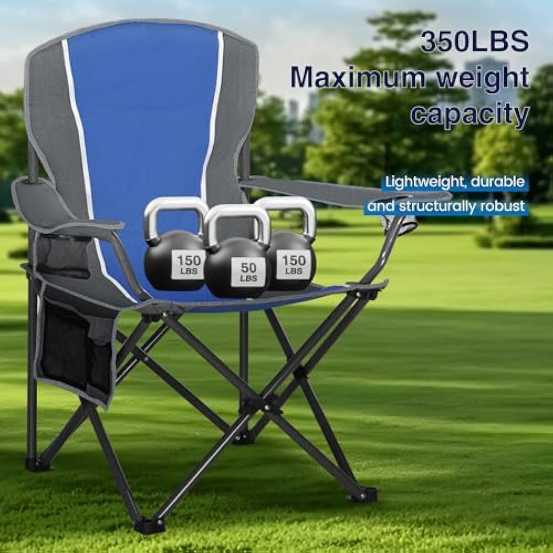 ALPHA CAMP Camping Folding Chair for Heavy People Portable Heavy Duty Chair Support 160 KG Oversized camp chair Outdoor for Adult with Cup Holder and Side Pocket, Blue/Gray