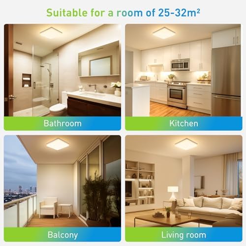 Yafido LED Square Ceiling Light Fitting 48W 4320LM, Warm White 3000K, IP44 Waterproof, 30CM Modern Ultra Bright Lighting Fixture 220V for Bathroom Kitchen Living Room Roof Office