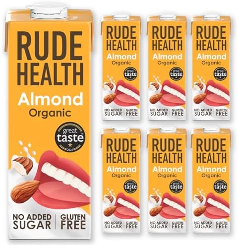 Rude Health 6 x 1 Litre Organic Almond Dairy-Alt Milk, 100% Natural Organic Drink, Lactose Free, Dairy Free & Gluten-Free, No Added Sugar, Award-Winning, Healthy & Vegan, 100% Recyclable Packaging