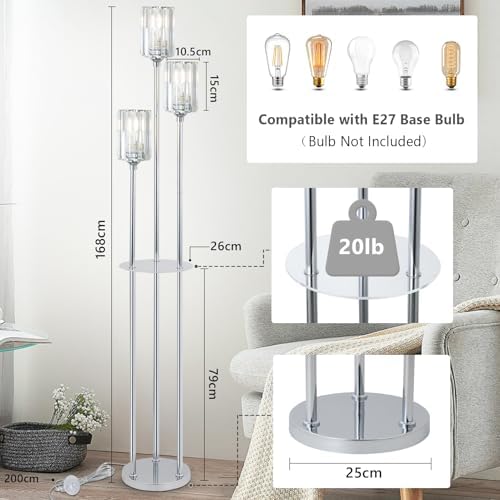 Rayofly Modern Floor Lamps for Living Room, 3-Lights Crystal Floor Lamp with Shelves, Chrome Standing Lamp with Crystal Shades and Foot Switch, Standing Lamps for Bedroom, Corner Tall Lamp for Office