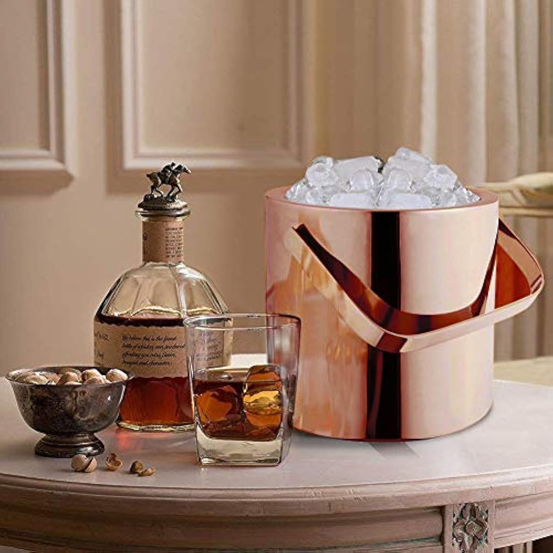 VINN DUNN Ice Bucket with Lid 1.2 Litre Stainless Steel Double Walled Ice Bucket Insulated with Concealed Tong&Carry Handle(Warm Sunset Gold)