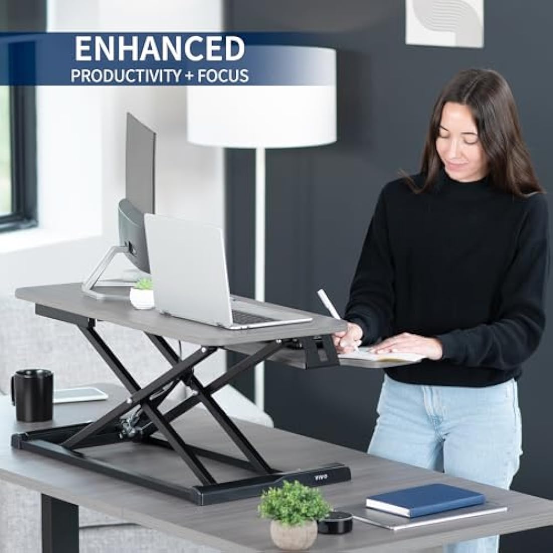 VIVO 81 cm Desk Converter, K Series, Height Adjustable Sit to Stand Riser, Dual Monitor and Laptop Workstation with Wide Keyboard Tray, Gray Top, Black Frame, DESK-V000KG