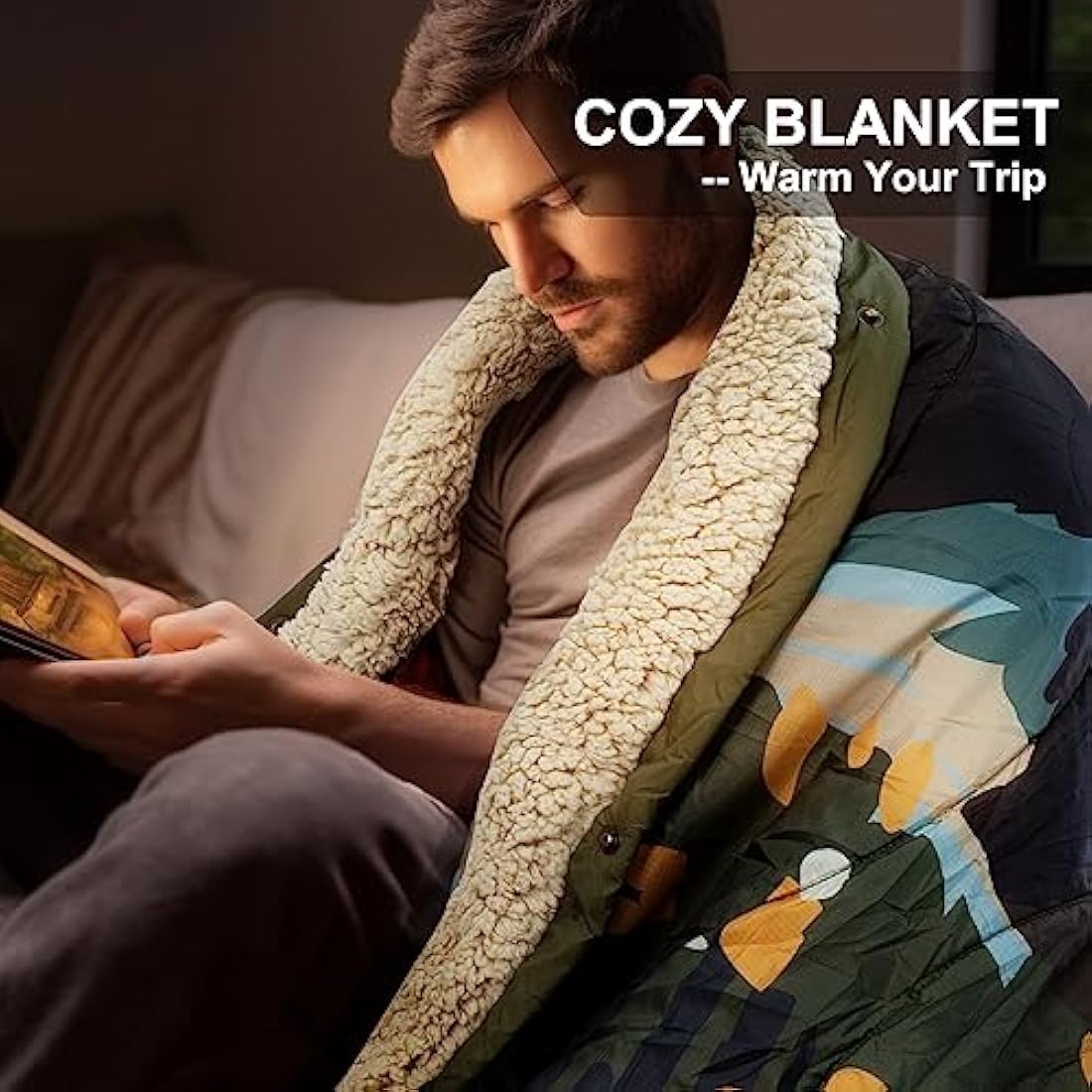 KawaGebo Kamp Outdoor Camping Blanket with Sherpa Lining, Extra Warm Thick Camp Blankets & Puffy Ultralight Soft Poncho DWR Camping Quilt for Cold Weather, Adventure,Sleeping,Backpacking 78"x 56"
