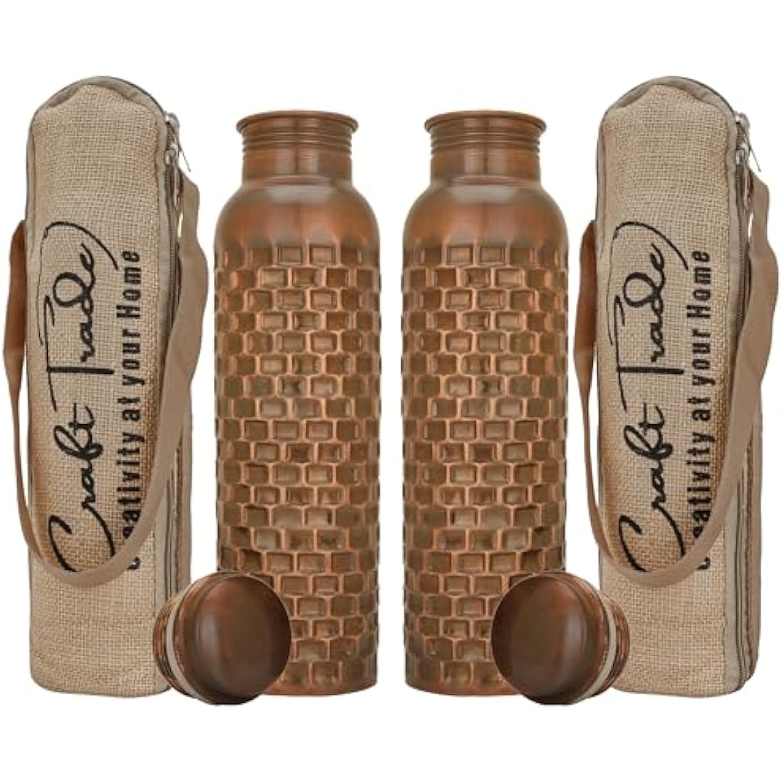 Craft Trade Set of 2 Diamond Copper Bottle with Lid and Carry Bag for Drinking Water BPA Free Leak Proof Boosts Immunity, Supports Digestive & Liver Health, Ayurveda Inspired 34oz - 1 Litre Black