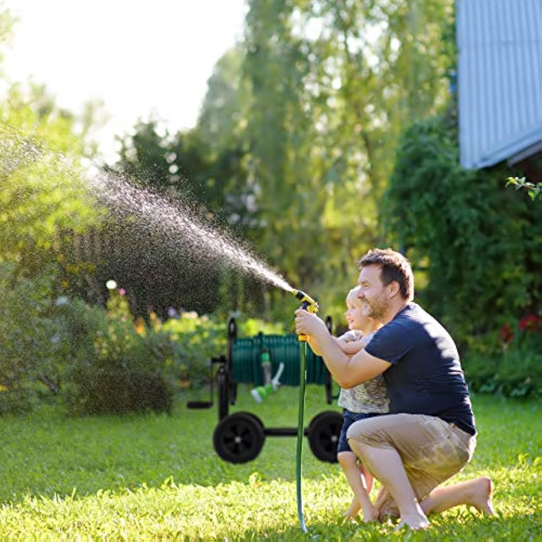 Relaxdays Hose Cart Metal, 4 Rubber Wheels, XL Garden Hosepipe Trolley, Crank, Holds 60 m, HWD 81 x 48 x 80 cm, Black, Steel