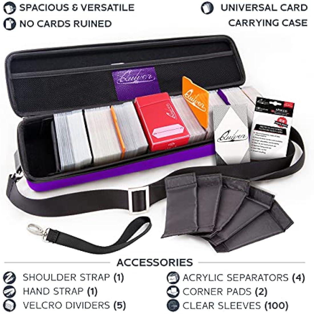 Quiver Time Purple Quiver Card Carrying Case - TCG Cards Deck Box Holder for Trading Cards, MTG Bag Playing Card Case (+Wrist & Shoulder Strap, Dividers, Separators, Corner Pads + 100 Apollo Sleeves)