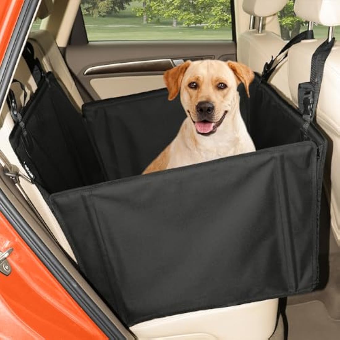 Extra Stable Dog Car Seat - Reinforced, Waterproof Pet Car Seat for Medium-Sized Dogs with 4 Fastening Straps (L Size, Black)