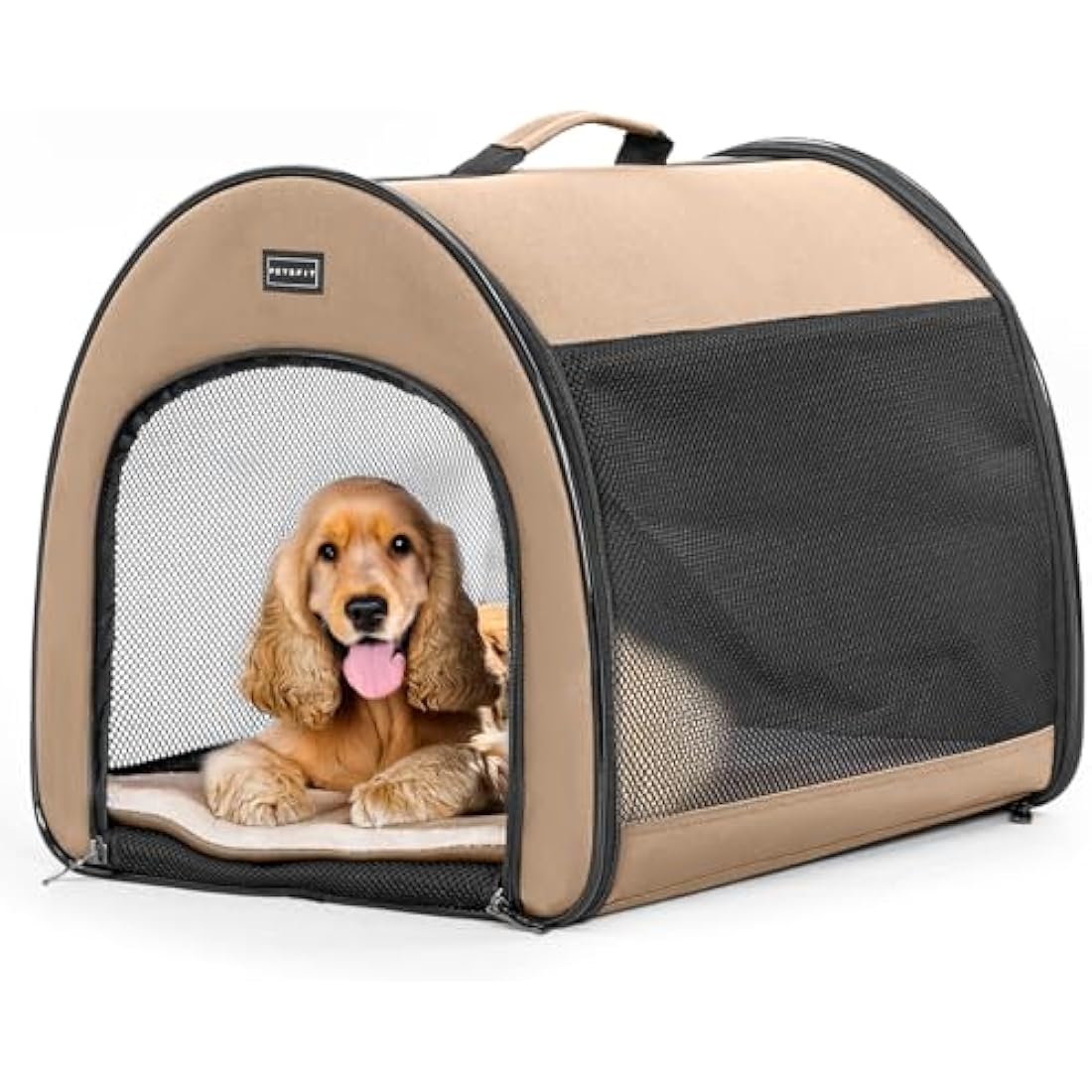 PETSFIT Soft Dog Crate, Cat Travel Carrier- 26.5 Inch Lightweight, Roomy, Easy to Set Up, Portable Pop Up Carrier with Thick Mat, Large Cat Carrier for 2 Cats，Sturdy Soft Sided Dog Crate, Khaki