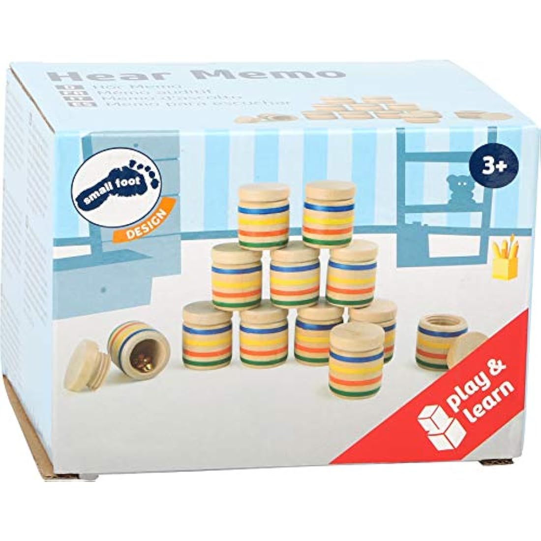 small foot 6766 sensory game "hearing memory" made of wood, 12 wooden boxes, 6 x 2 pairs, memo with sound instead of pictures, from 3 years on