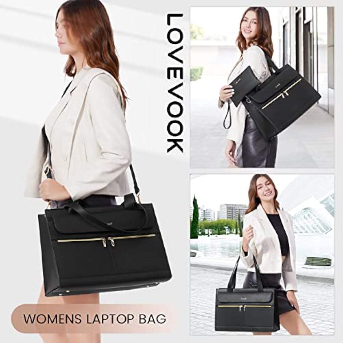 LOVEVOOK Laptop Bags for Women 15.6 Inch Ladies Work Bags Large Tote Bag with Laptop Compartment Designer Handbag Stylish PU Leather Briefcase for School Shoulder Bag for Office Business, Black