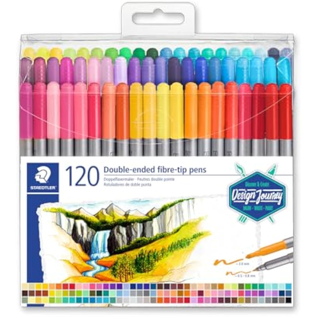 STAEDTLER 3200 TB120 Design Journey Double-Ended Fibre-Tip Pens with Thin & Wide Nibs - Assorted Colours (Pack of 120)