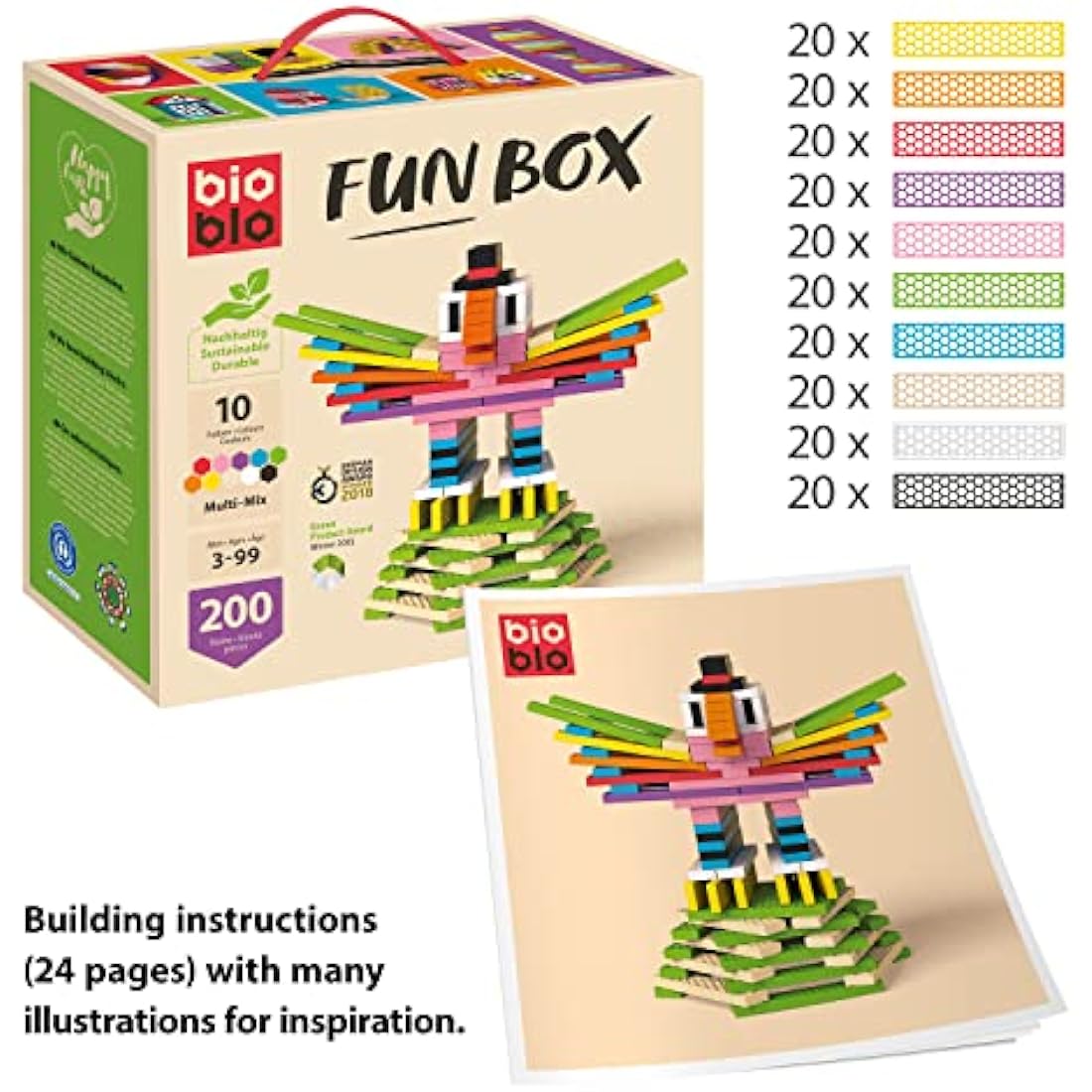 bioblo Sustainable Wooden Blocks Fun Box Multi Mix Pack of 200 | 100% Free from Plasticisers & Washable | No Staining or Chipping Due to Injection Moulding | Educational Toy 3 Years