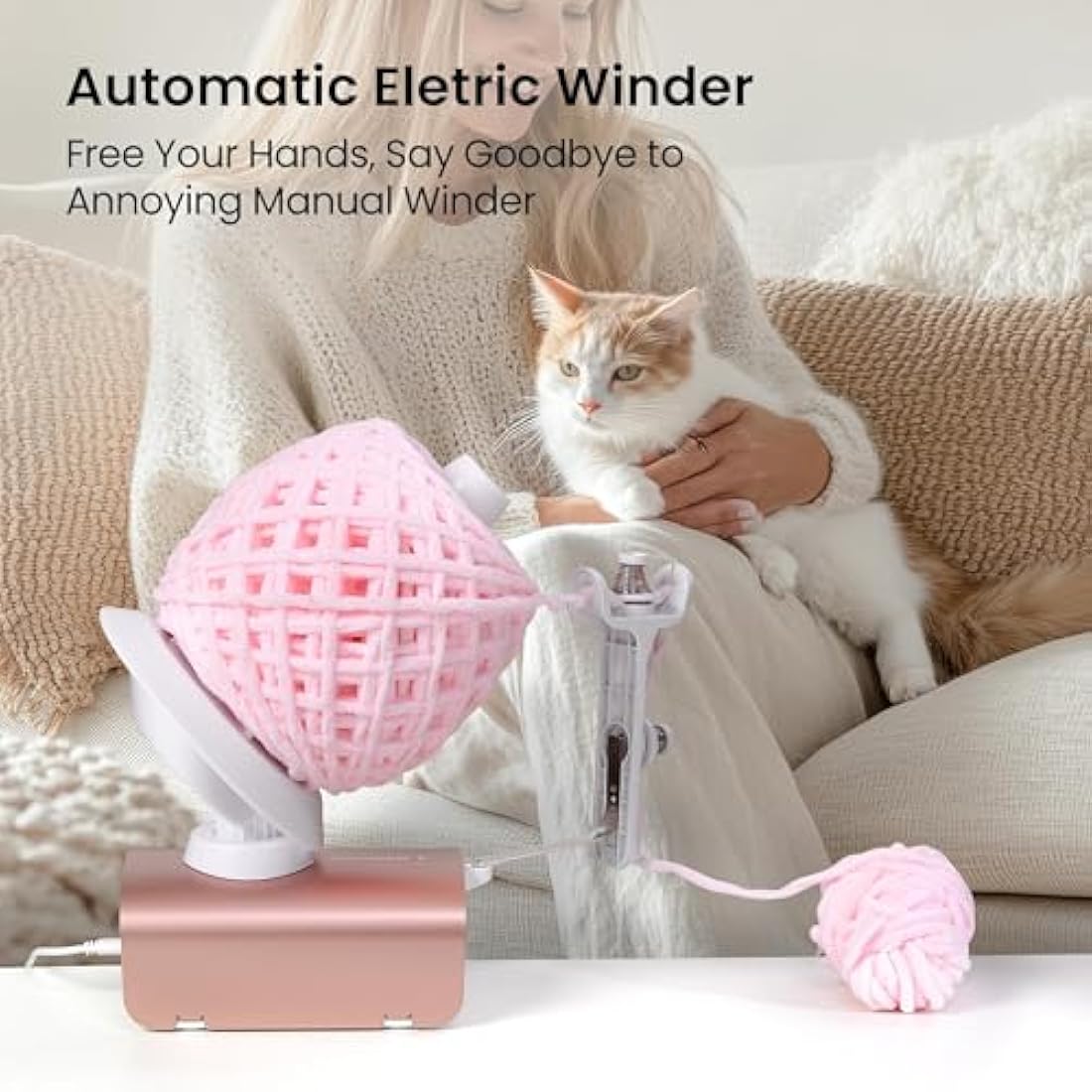 Winartton Yarn Winder, Electric Yarn Ball Winder for Crocheting, Heavy-Duty 10 oz Large Capacity Automatic Yarn Cake Winder Spinner Roller, Ideal Crocheting Tools for Knitting Lovers, Rose Gold