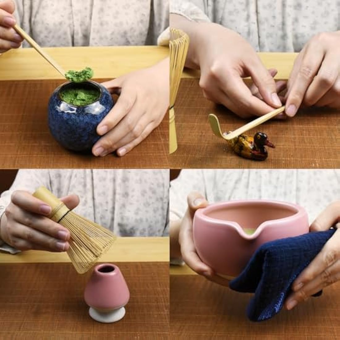 Artcome 7 Pcs Complete Matcha Tea Ceremony Kit - Bowl, Whisk, Scoop, Strainer, Powder, Set for Usucha, Koicha, Latte (Pink)
